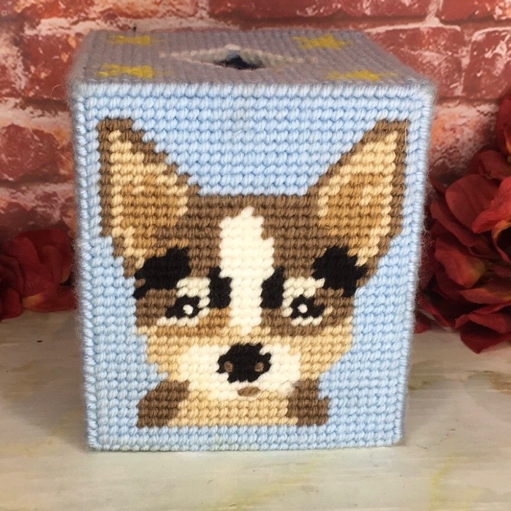 Vintage Handmade Blue Chihuahua Print Needlepoint Tissue Holder